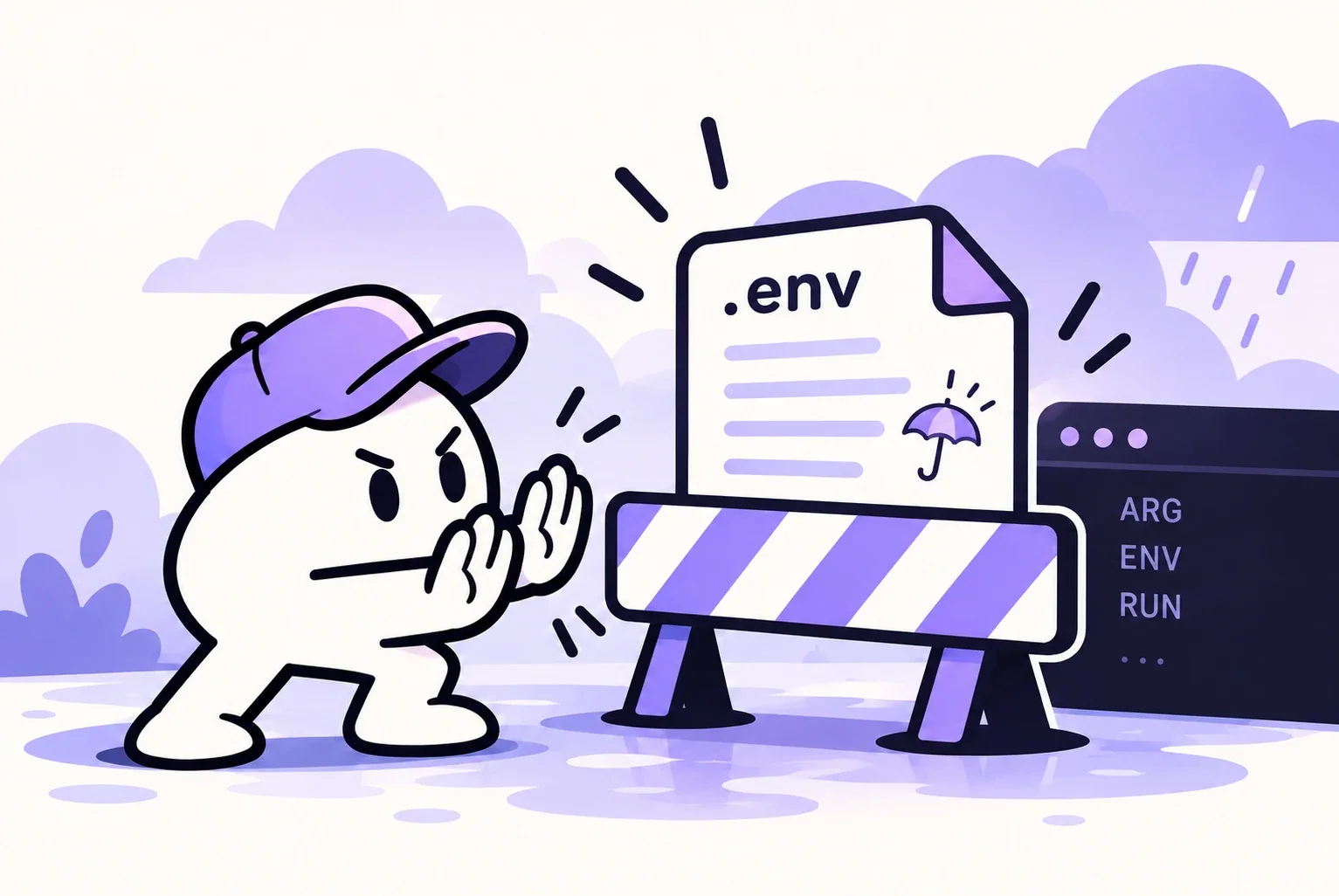 Illustration: a character in a purple cap peeks around a striped barrier that guards a .env file, while a terminal window behind it lists ARG, ENV and RUN.
