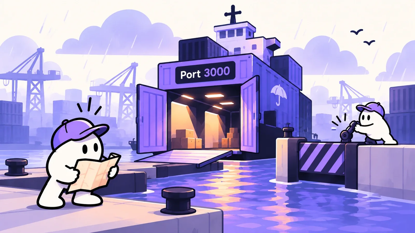 Illustration: a cargo ship labelled Port 3000 sits at the dock with its doors wide open, while one character studies a map and another cranks a striped barrier shut.