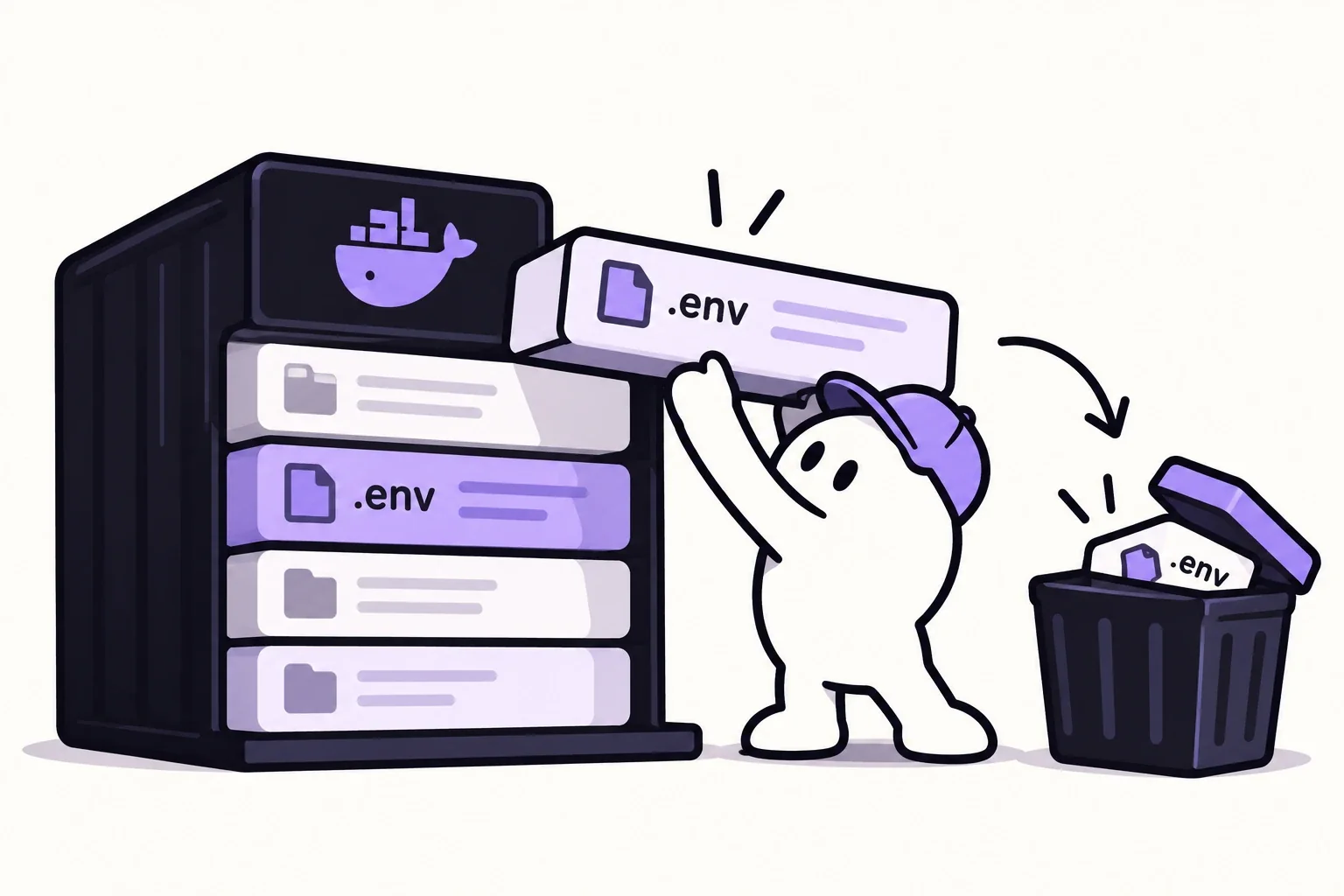 Illustration: a character pulls a .env layer off a stack of Docker image layers and drops it in a bin, while another .env layer is still sitting in the stack below.